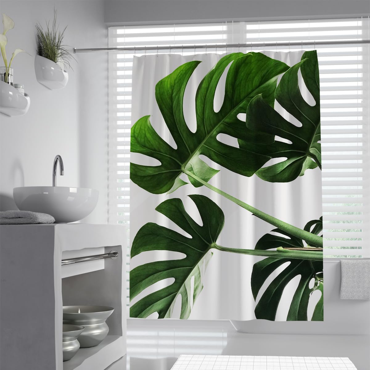 UIRINGART Monstera Bath Curtain W200xL220cm Tropical Green Leaves Botanical Waterproof Polyester Shower Curtains Mildew Resistant Washable With Hooks