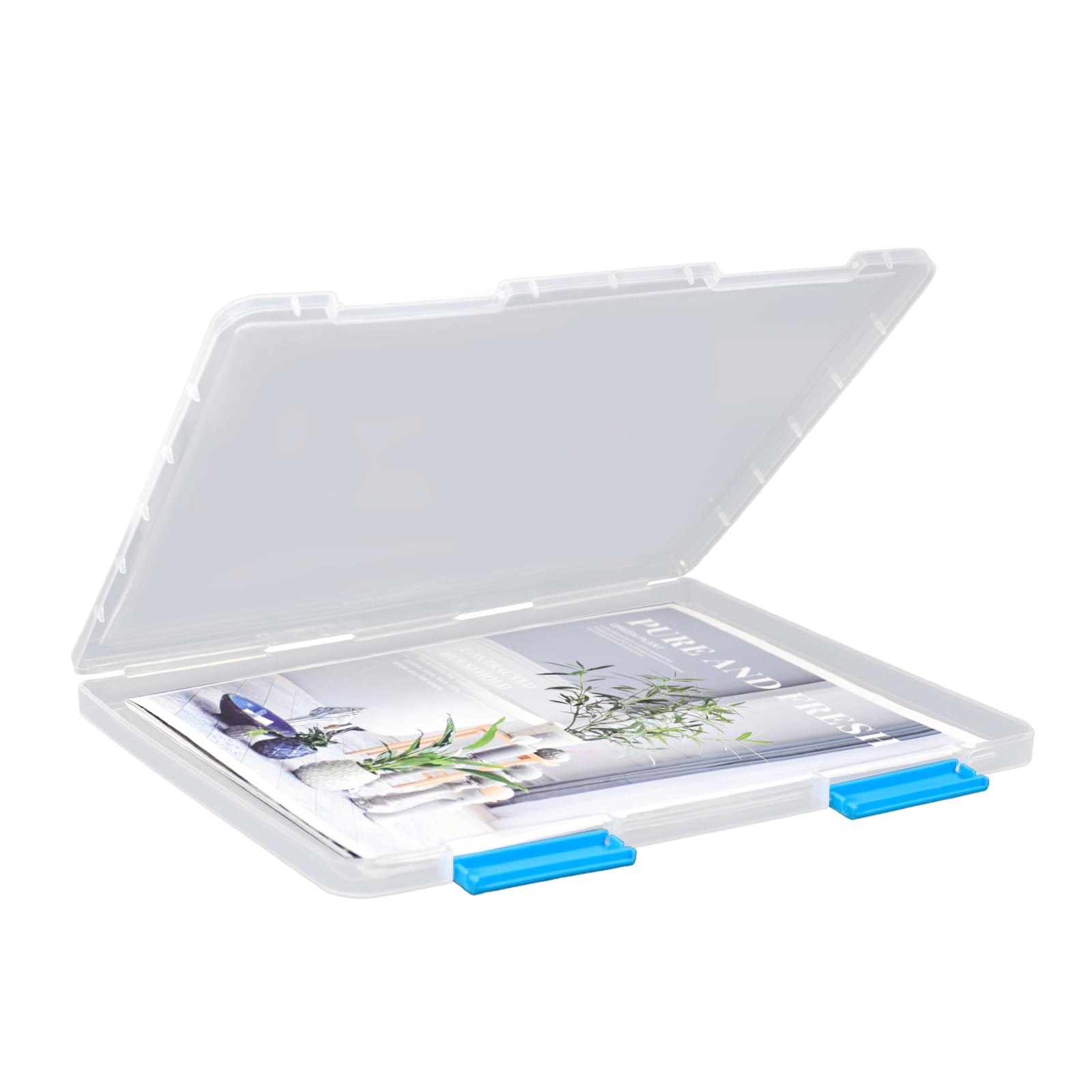 SAYEEC Portable Project Case A4 Plastic Transparent File Storage Box for 8.5"x11" Paper Slim Photo Art Craft Storage Container Scrapbook Document Organizer Magazine Protector for Office School (Blue)