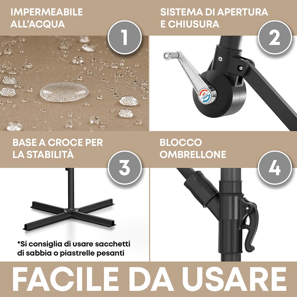 IlGruppone Ombrellone da Giardino Decentrato 3x2 m con Braccio Laterale e Manovella, Parasole Rettangolare Impermeabile in Poliestere con Foro di Ventilazione, Struttura in Acciaio, Beige