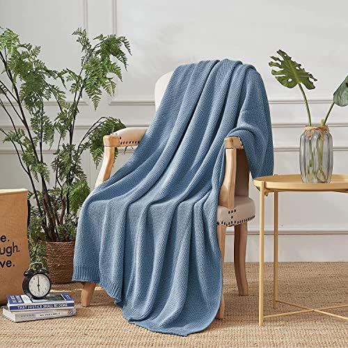 Queenshin Cozy Cable Knit Throw, 390 GMS Lightweight Fluffy Snuggle Bed Sofa Knitted Blanket 130 * 150 CM, Blue