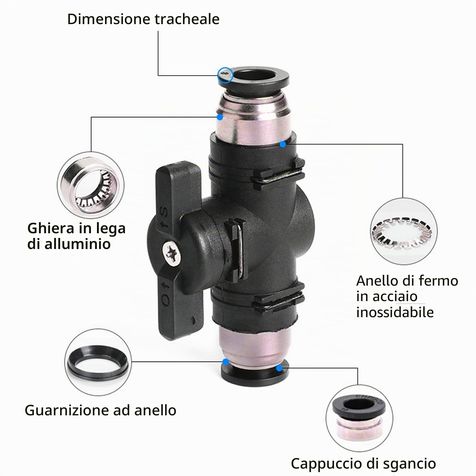 5 connettori pneumatici da 8 mm: valvola di intercettazione pneumatica ad aria compressa, cavo rotondo, tubo pneumatico da 8 mm, connettore valvola pneumatica, testa diretta per attacco rapido a gas