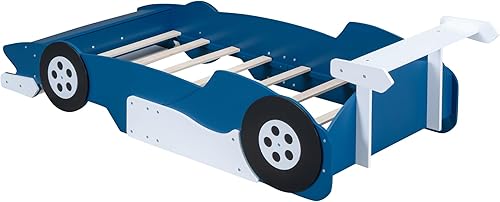 Miniatura 33 de Cama de plataforma en forma de auto de carreras con ruedas, cama de plataforma de madera tamaño individual con barandilla, cama de plataforma para