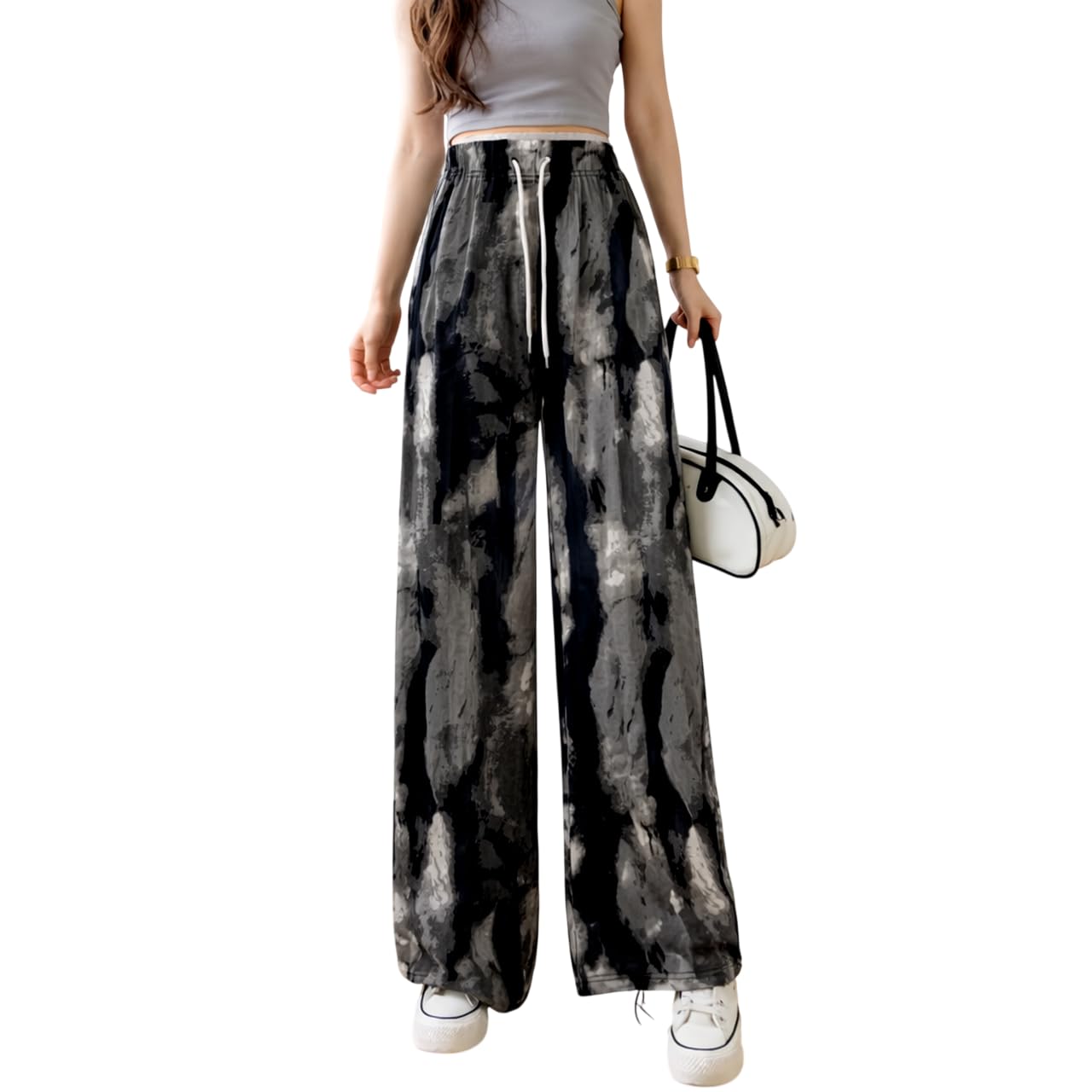 celary Korean Women Printed Wide Leg Palazzo Pants | High Waist Elastic Casual Trousers for Girls & Womens | Free Size (XS-S-M-L) | Trendy Korean Style Streetwear & Lounge Wear |-picture-40