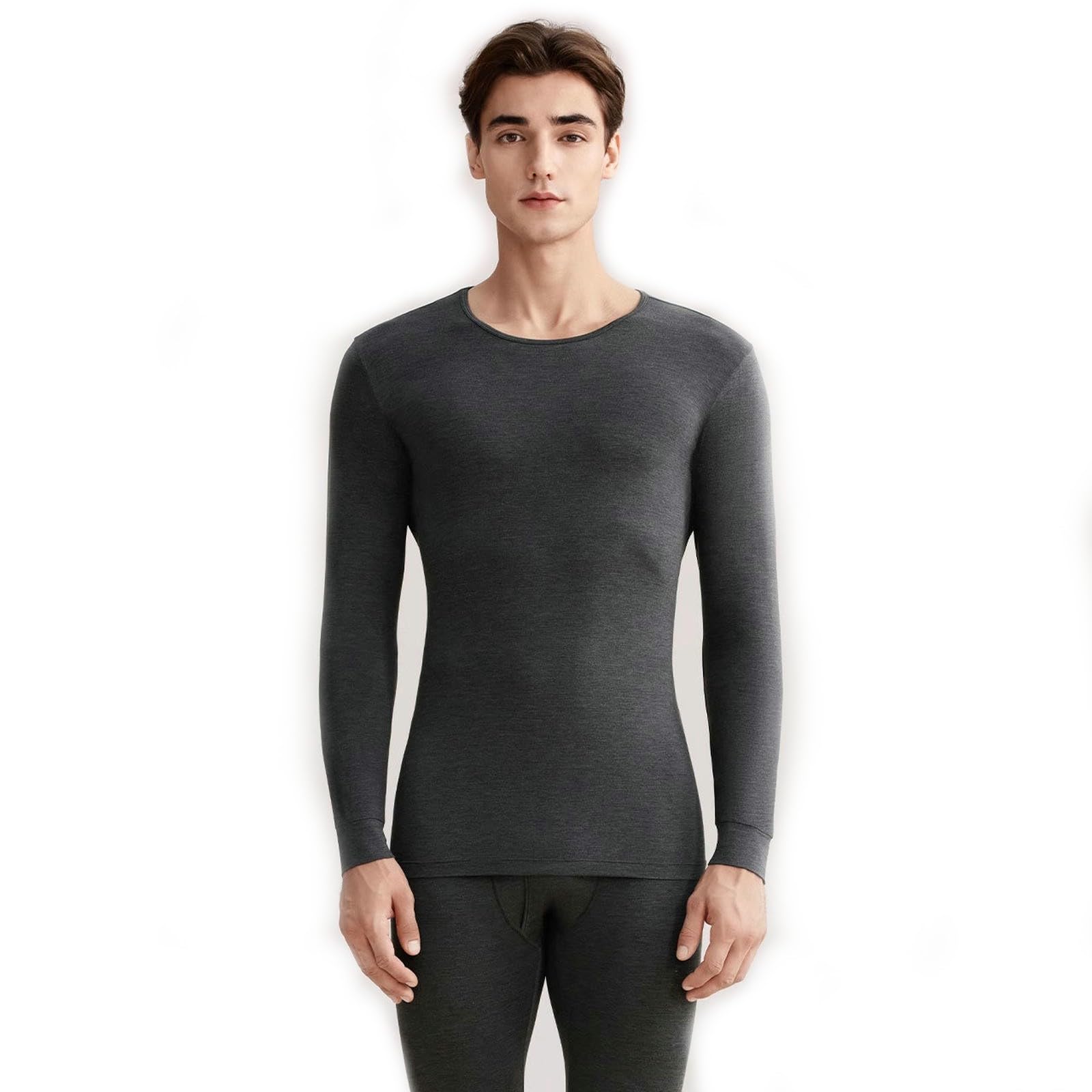 Intimo Termico Cappotto Autunnale in Fibra di bambù E Abito Lungo per Uomo Donna, Girocollo Stile Sottile-Grigio Ferro (Stile Maschile)-3XL (140-160 Libbre)