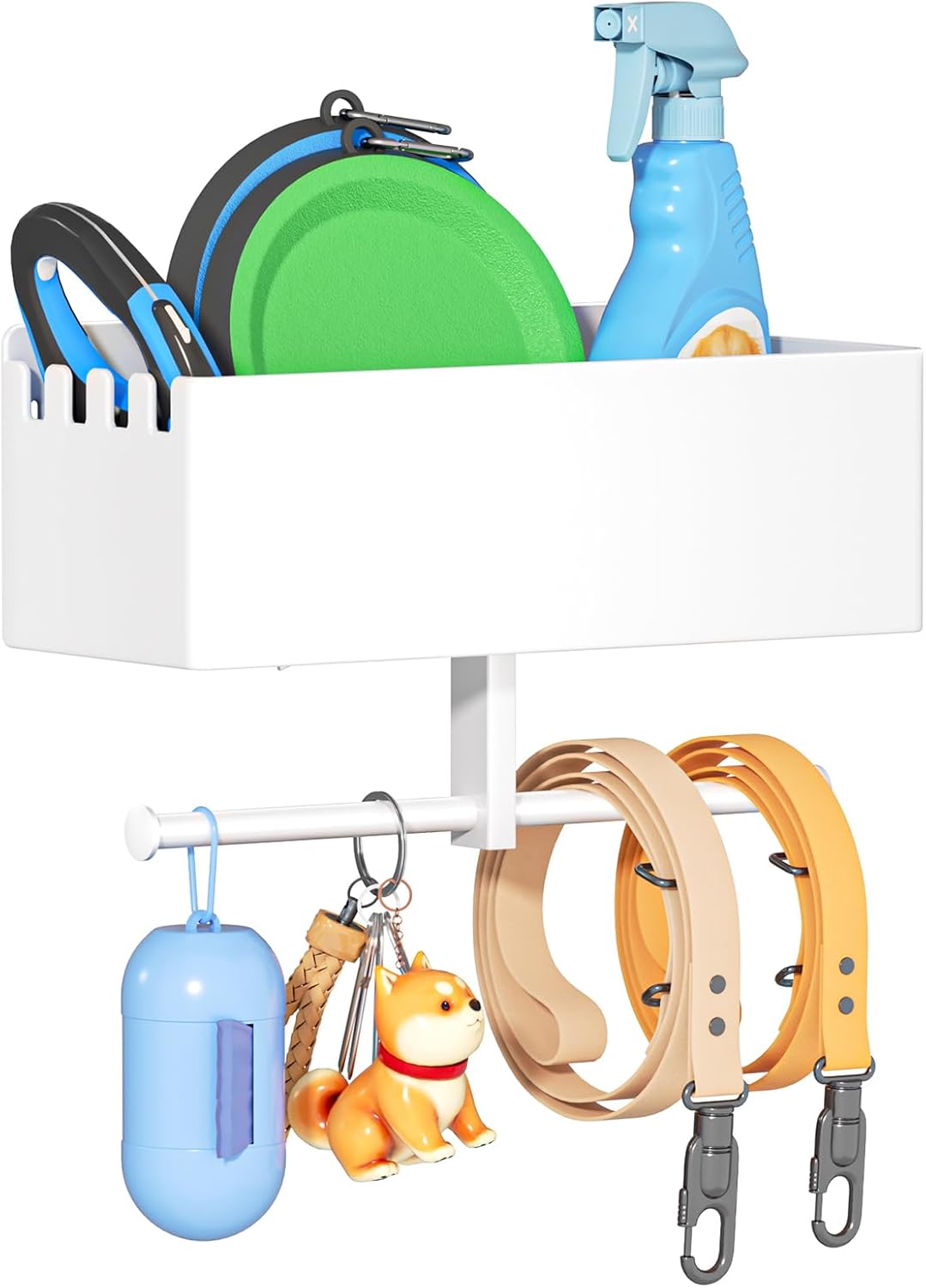 Dog Leash Holder for Wall, Dog Leash Hooks, Pet Stuff Organizer with Shelf Storage, Metal Key Holder, Leash Hangers Organizer Rack for Pet Collar, Toys, Treats, Poop Bag (White)