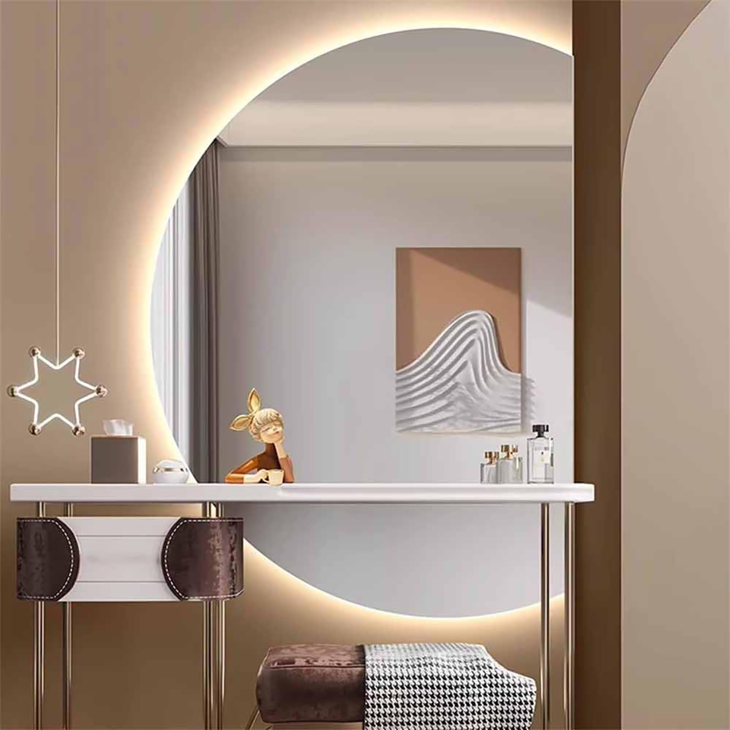 3 Lichtfarbe Dimmbar Badspiegel Halbrunder Antibeschlag Wandspiegel 70/80/90/100cm Rahmenloser LED Spiegel Modern Dekospiegel mit Touch-Schalter Kosmetikspiegel(Right Cut,35" Lx24 W)