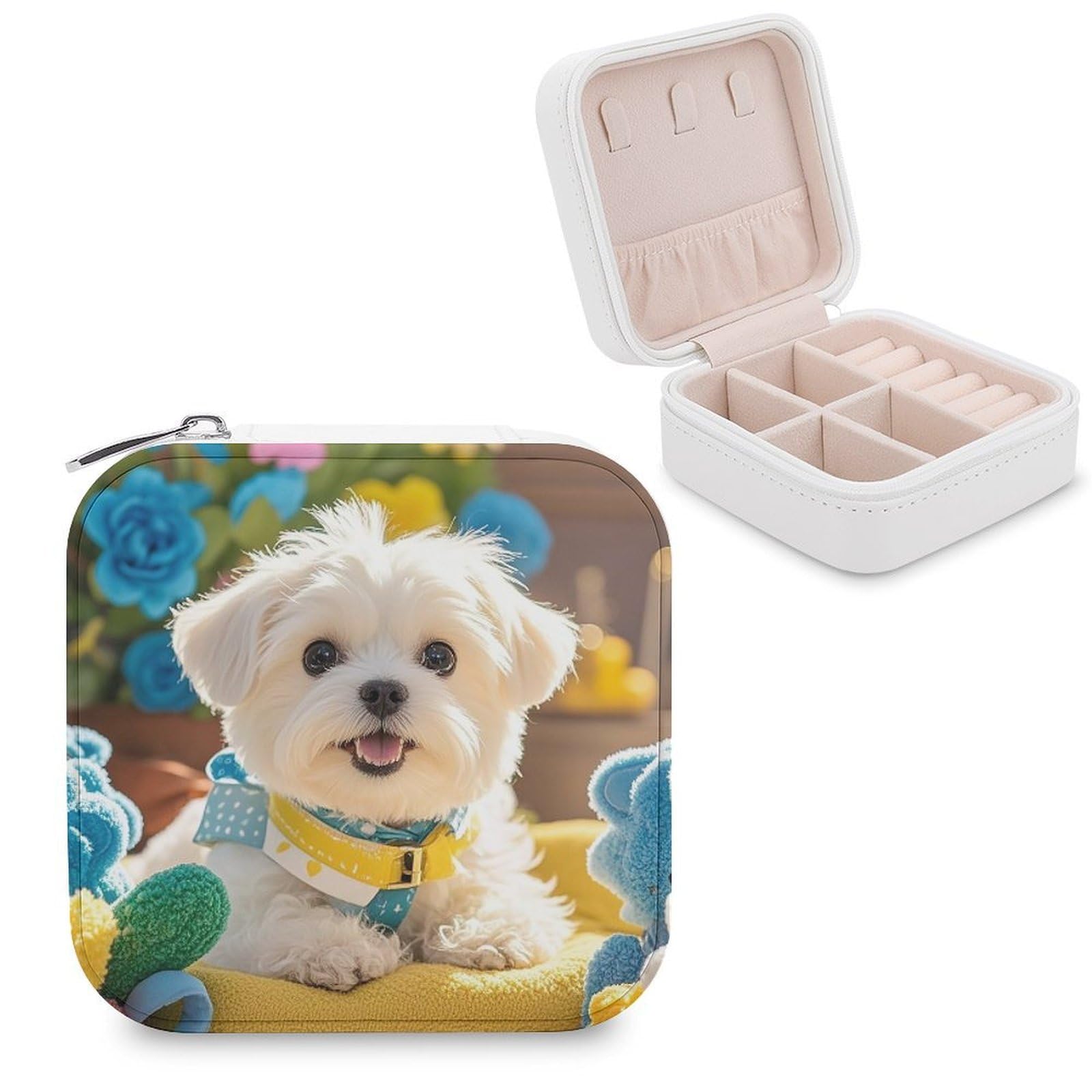 VstaDank Cute Maltese Puppy Travel Jewelry Case Zipper Portable Small Jewelry Box Custom Pu Leather Mini Traveling Jewelry Organizer for Rings Earrings Necklace Bracelet Girls Women