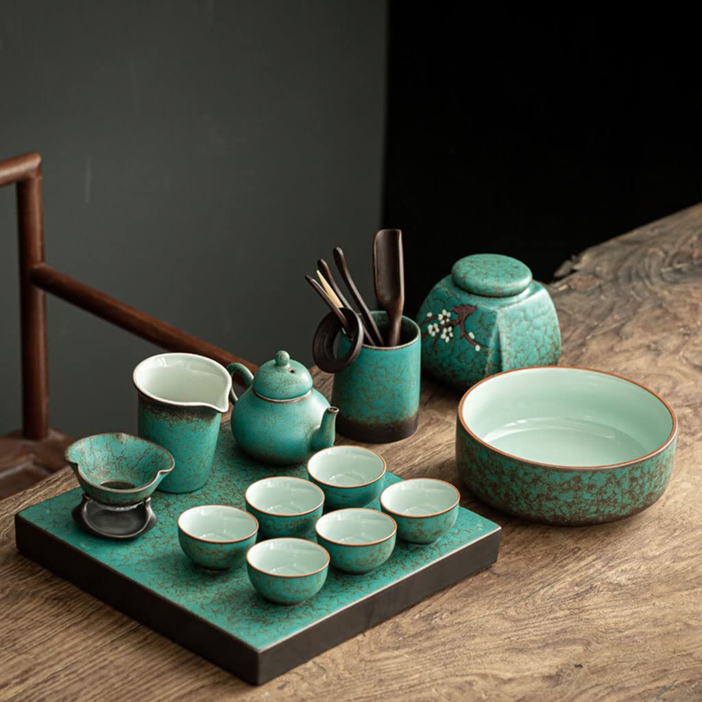 DFGHNBVC Green Kiln Change Kung Fu Tea Set, Home Office Covered Bowl Teapot Retro Simple Ceramic Tea Tray,Chinese Gongfu Tea Table Serving,G
