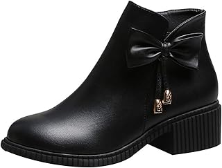 [M.ASSOLATO] レディース リボン 付き ブーティー ショートブーツ ブーツ サイドリボン チャーム付き 5.5cmヒール 痛くない 歩きやすい 疲れない アンクルブーツ 防寒 大きいサイズ 黒 秋冬 チャンキーブーツ 安定感 身長アップ