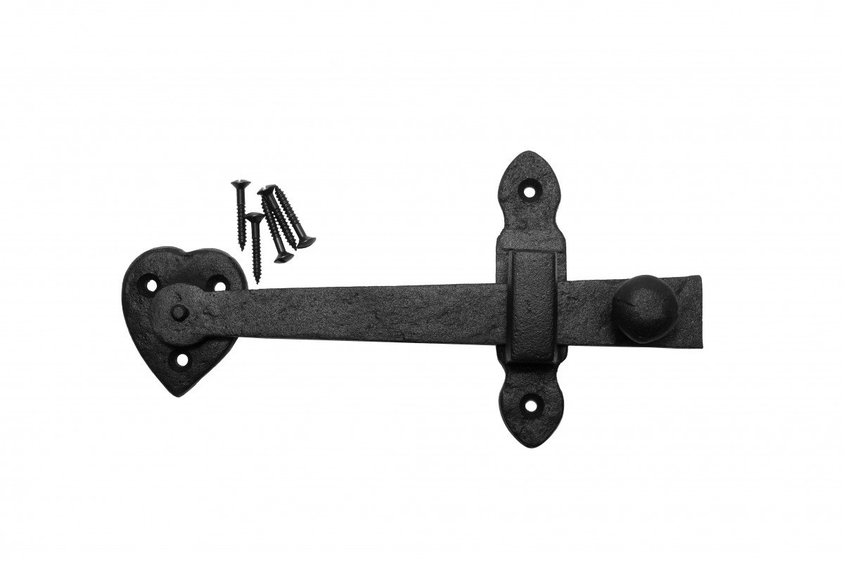 Renovators Supply Manufacturing Door Latch 6 in. Black Wrought Iron Gate Latch/Barn Door Latch Lock with Heart Shape Backplate and Mounting Hardware