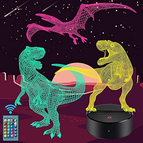 Dinosaur Night Light for Kids - 3D Dinosaur Lamp 16 Colors Optical Illusion Touch & Remote Control with 3 Acrylic Flats Best Christmas Birthday New Year Gifts for Boys Girls Kids Baby (3 Dinosaurs) Cover