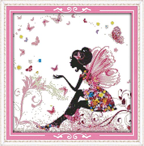 YEESAM ART Nouveau Point de Croix Kits de Broderie au Avancée - Une Fleur Fée Papillon 14 Comptage 34×34 cm Blanc Toile - Travaux d'aiguille Noël Cadeaux Cover