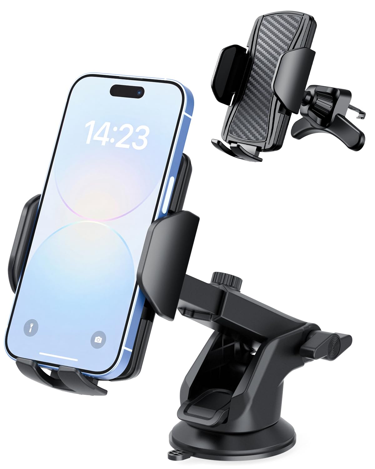 Hoppac Soporte Movil Coche 2 en 1, Sujeta Moviles para Salpicadero Parabrisas Rejilla Ventilación, Rotación de 360 Grados y Liberación de un Botón, Porta Movil Coche para Teléfono 4-7 in