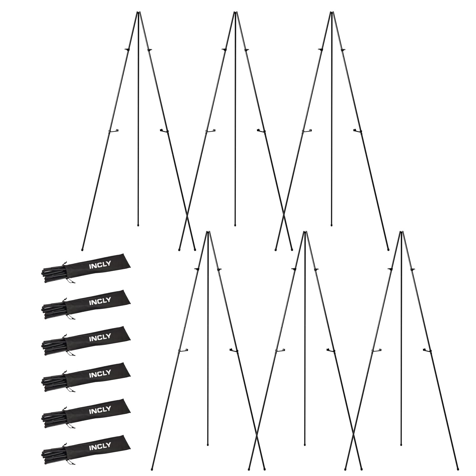 INCLY Black Folding Easels for Display, 6 Pack 63 Inch Metal Stand Instant Tripod Collapsible Portable Floor Easels Adjustable Folding for Artist Poster Display Show Wedding Painting with Carry Bag