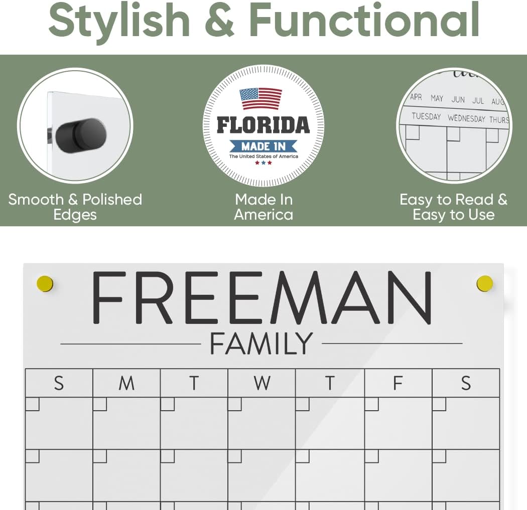 Personalized Acrylic Calendar for Wall - Ships Next Day, Made in America, Clear Dry Erase Planner for Home, Office, & Family, Glass Calendar Alternative, Easy to Clean (White, 18x24)