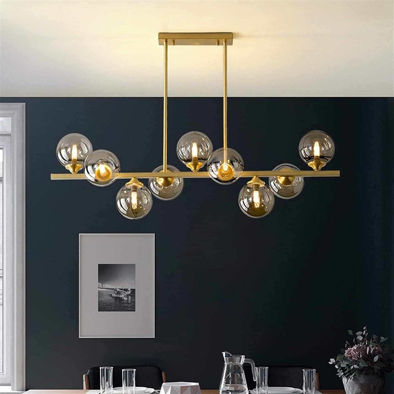 BLOOHK Modern Gold Linear Chandelier, 9-Light Glass Globe Sputnik Pendant Light, Mid-Century Brass Hanging Lighting for Kitchen Island