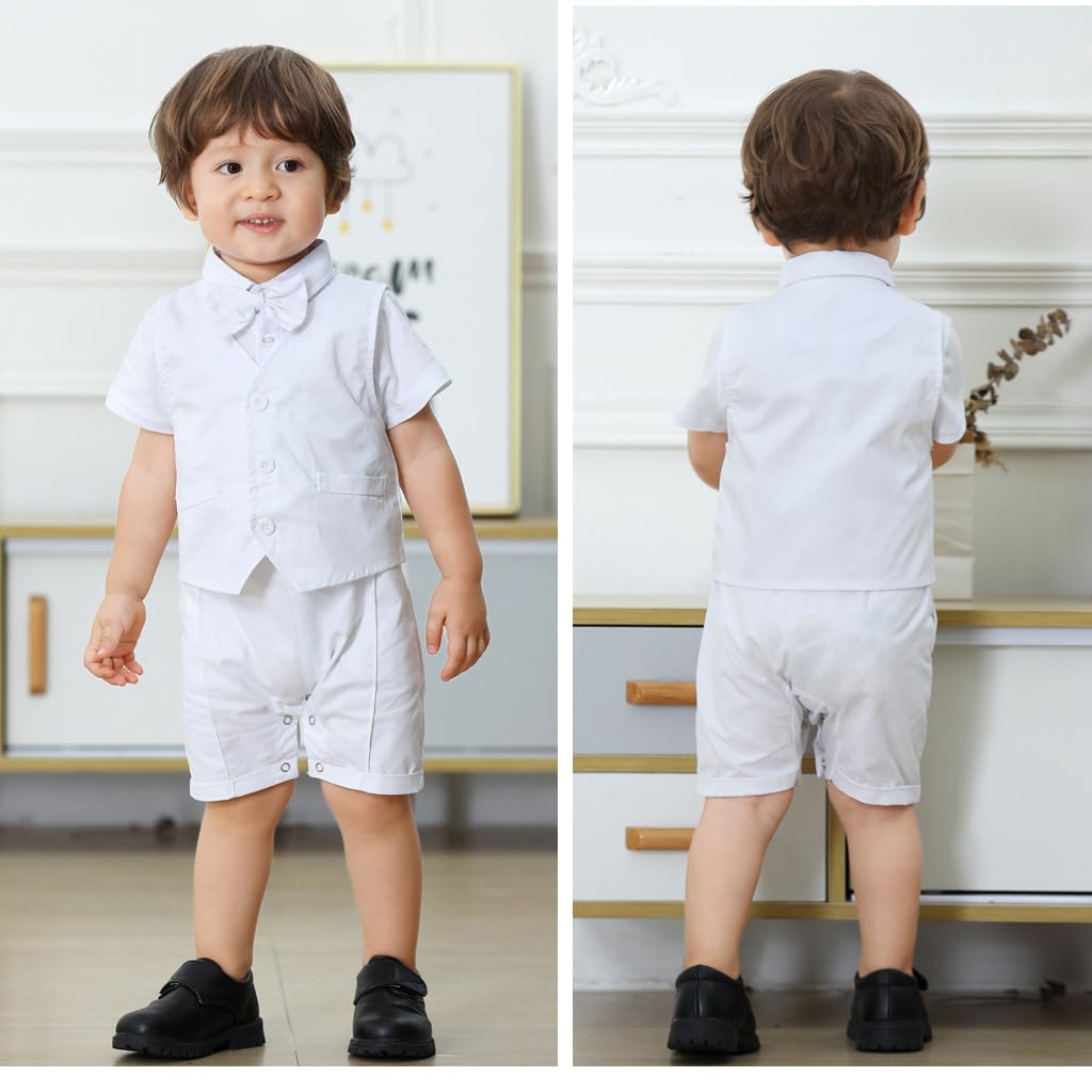 Bébé Garçons Gentlemen Barboteuse Costumes Enfant Baptême Mariage Vêtements Combinaison Nœud Papillon Gilet avec Chapeau Anniversaire Cérémonie Tenues