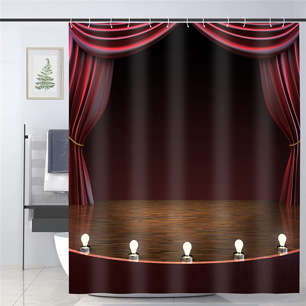 JOOCAR Design Shower Curtain, Musical Theatre Classical Old Fashioned Theater Musical Performing Arts Maroon Brown White Waterproof Cloth Fabric Bathroom Decor Set with Hooks, 66x72 Inch