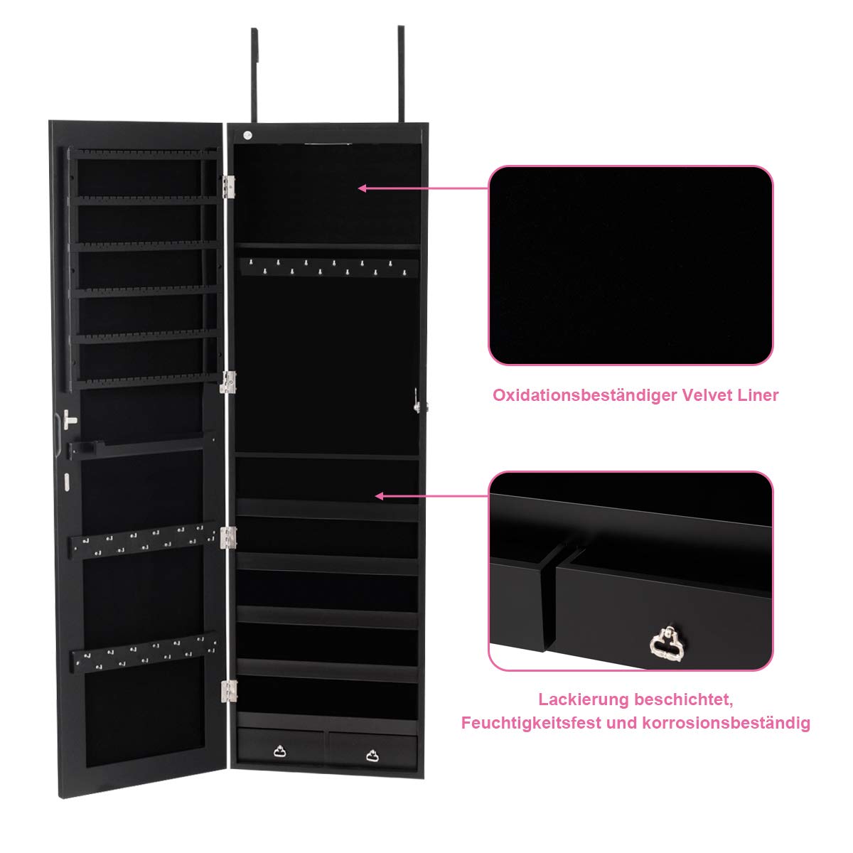 COSTWAY Szafka na biżuterię z oświetleniem LED, wisząca szafka na biżuterię, szafka z lustrem z lustrem, zamykana na klucze, przechowywanie biżuterii i kosmetyków, wysokość 120 cm (czarna)