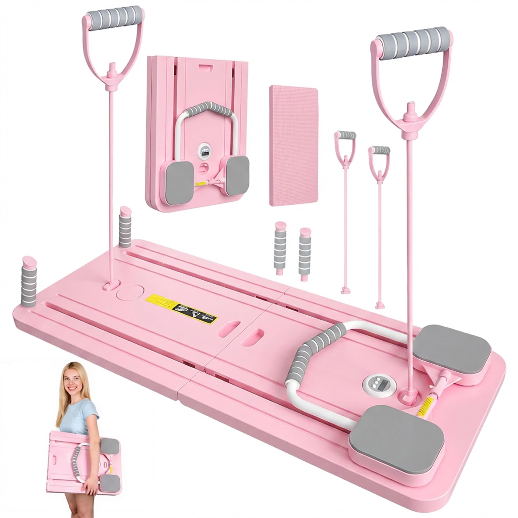 Pilates Reformer Compact 5 en 1 - Pliable - Avec compteur LED - Rouleau à rebond automatique - Planche abdominale multifonction pour la maison et la salle de sport (rose avec poignée)