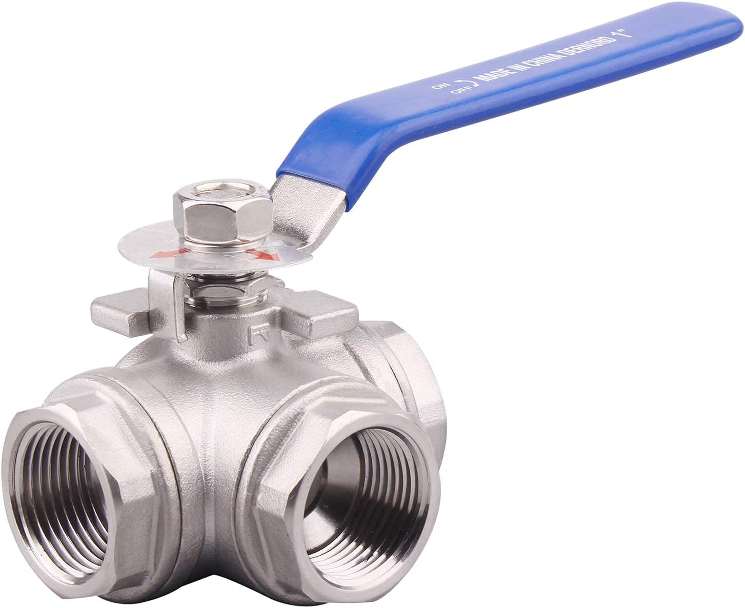 DERNORD 3-Way Ball Valve, L Mounting Pad, Stainless Steel 304 Female Type for Water, Oil, and Gas with Vinyl Locking Handle (1 Inch NPT)