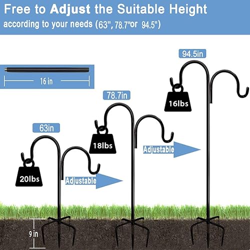 Miniatura 5 de Gancho de pastor ajustable con base de 5 puntas, paquete de 2 estacas resistentes de 63 pulgadas de alto para colgar para alimentador de pájaros,