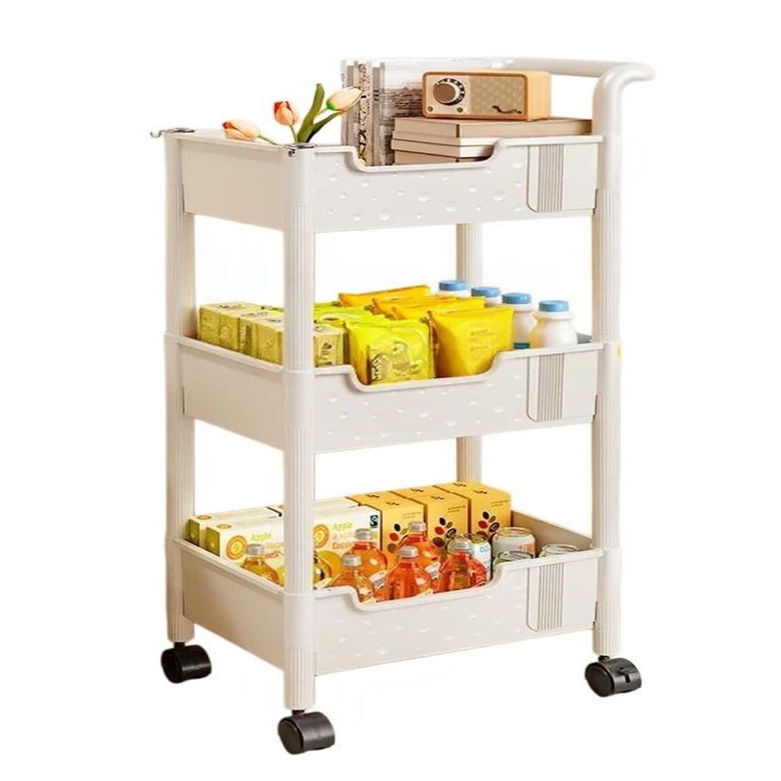 ZYYANSHOP Kitchen Storage Cart 3-Tier Rolling Storage Cart Movable Bookshelf and Snack Organizer Shelf(White)