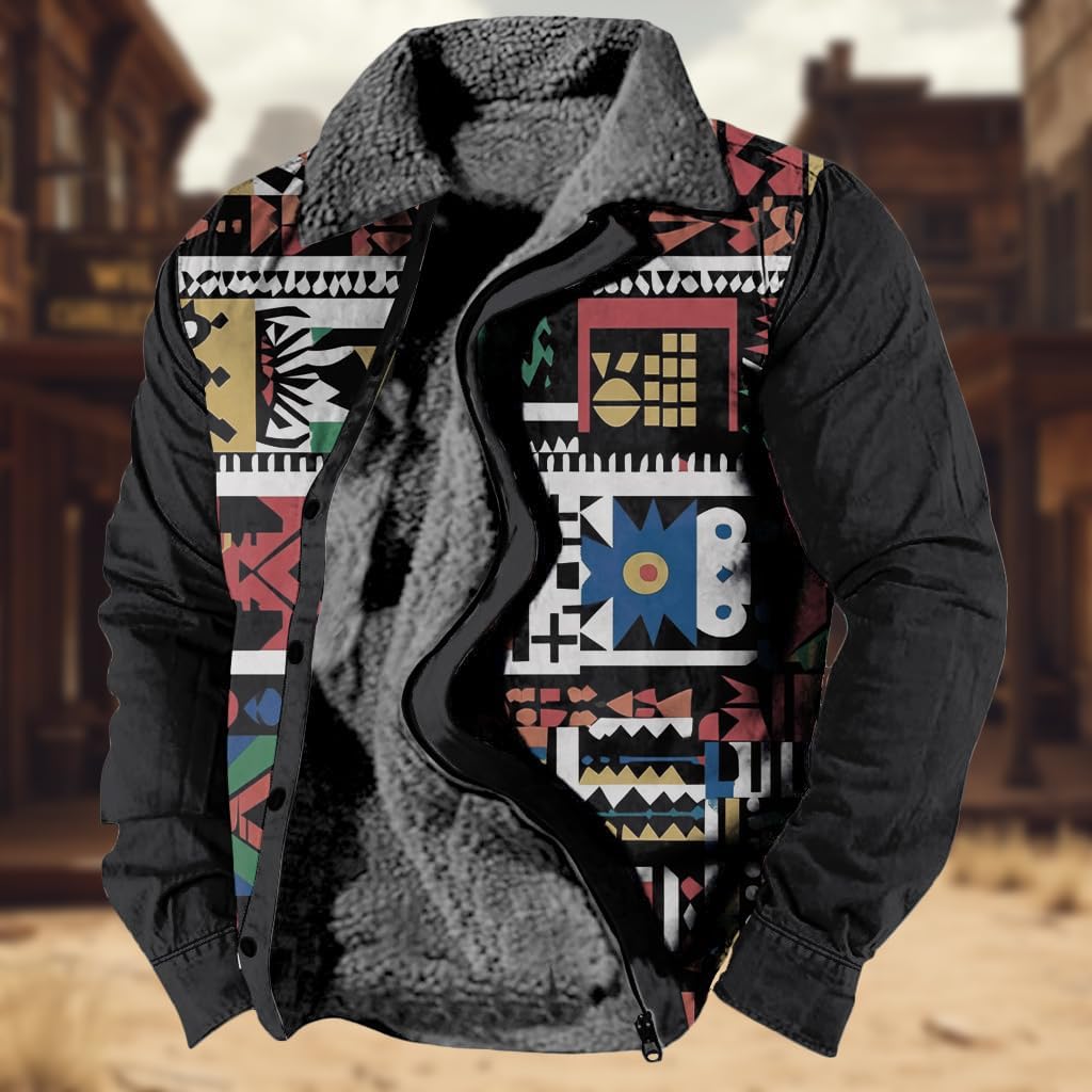 Men's Western Aztec Jackets Vintage Print Cowboy Country Warm Sherpa Jacket for Men Fleece Zipper Winter Coats - Image 2