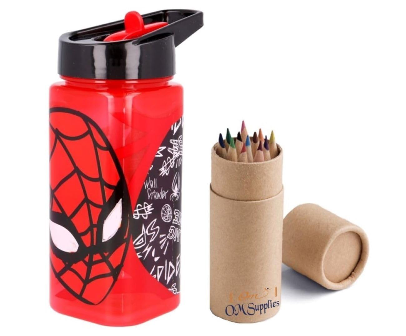 OM SUPPLIES Spiderman Reusable Square Water Bottle Drink Bottle with built-in handle for Easy Carry School Lunch Kids Childrens 510ml BPA free Plastic (Spiderman Urban)