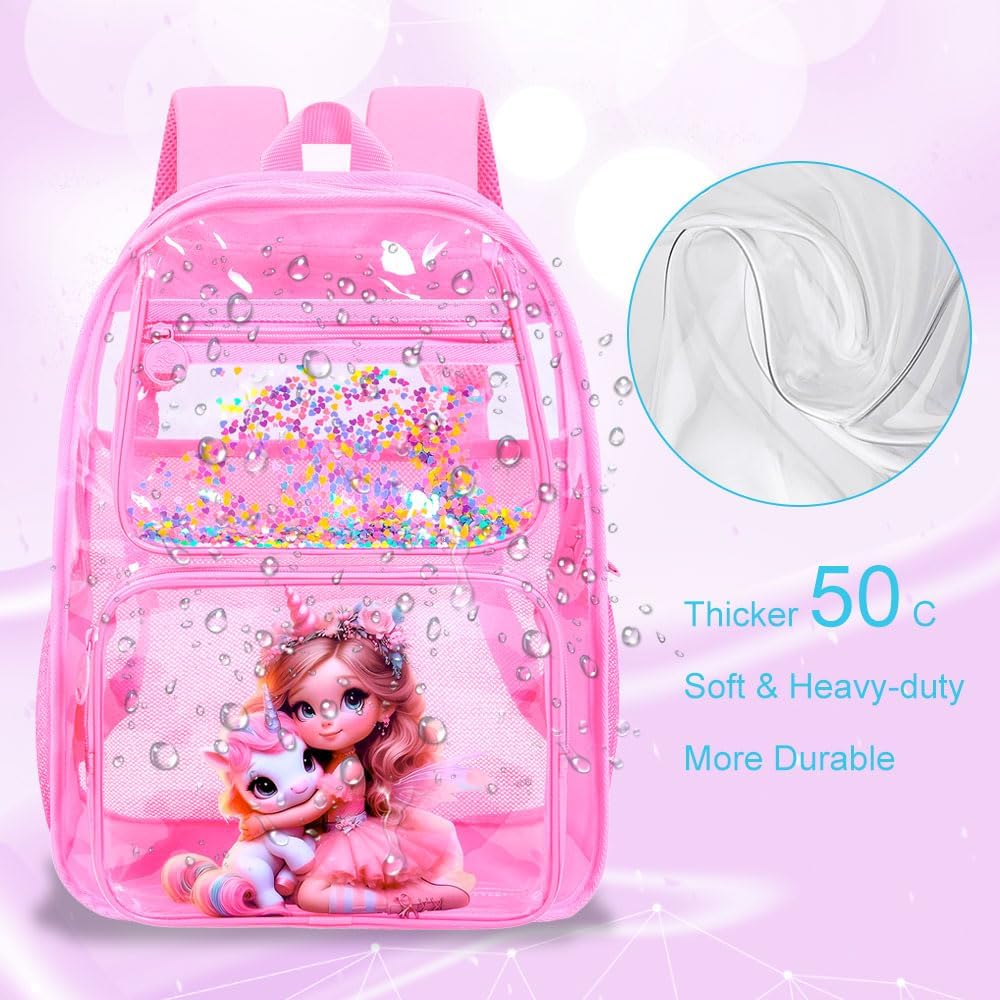 AGSDON 3PCS Unicorn Clear Backpack for Girls,16" Transparent Bookbag Heavy Duty, Cute See Through Backpacks with Lunch Bag - Pink - Image 6