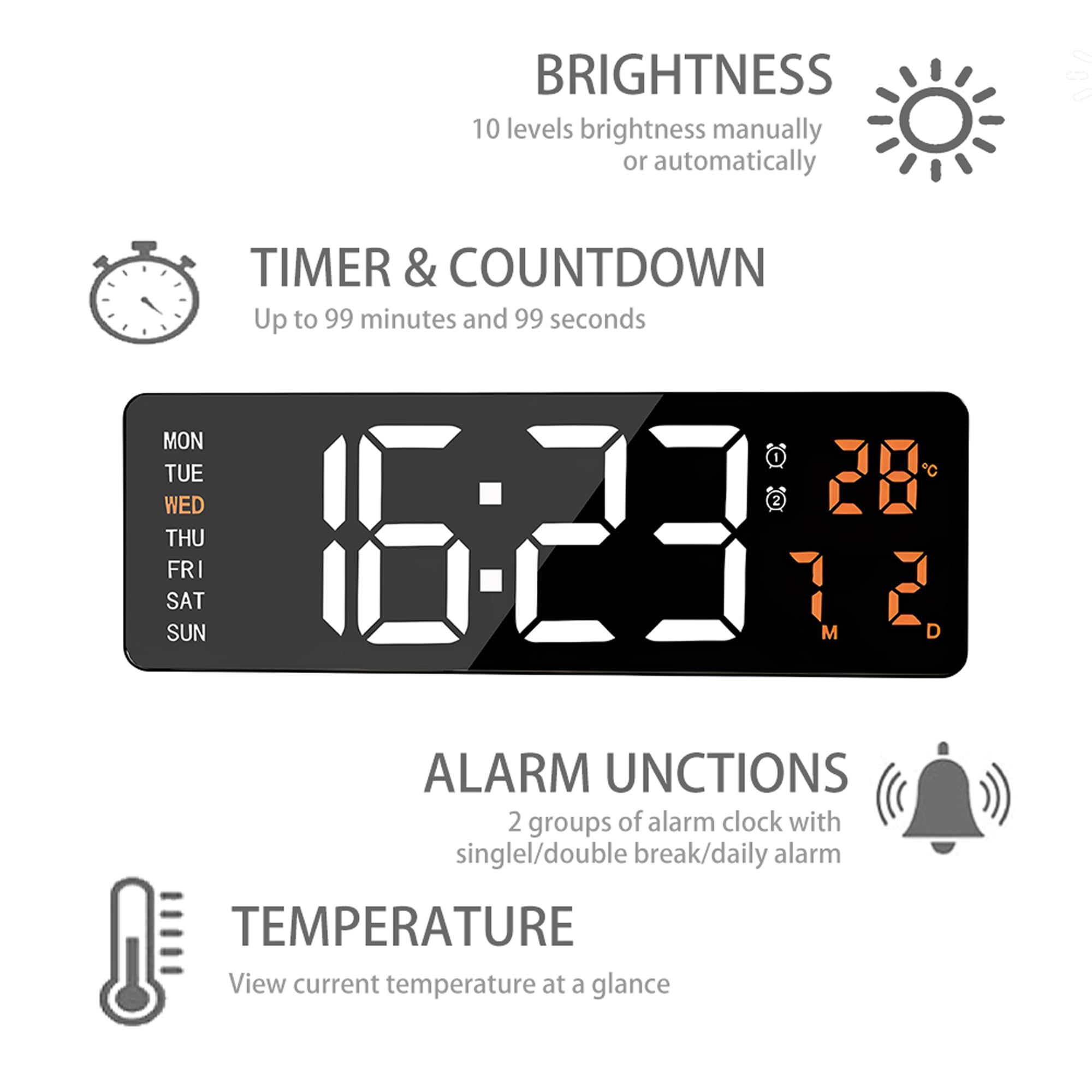 40,6 cm große digitale Wanduhr, Countdown-Timer mit Fernbedienung, Alarm, große LED-Wanduhr, automatische Dimmung, Temperatur, geeignet für Wohnzimmer, Lager, Geschäft, Fitnessstudio