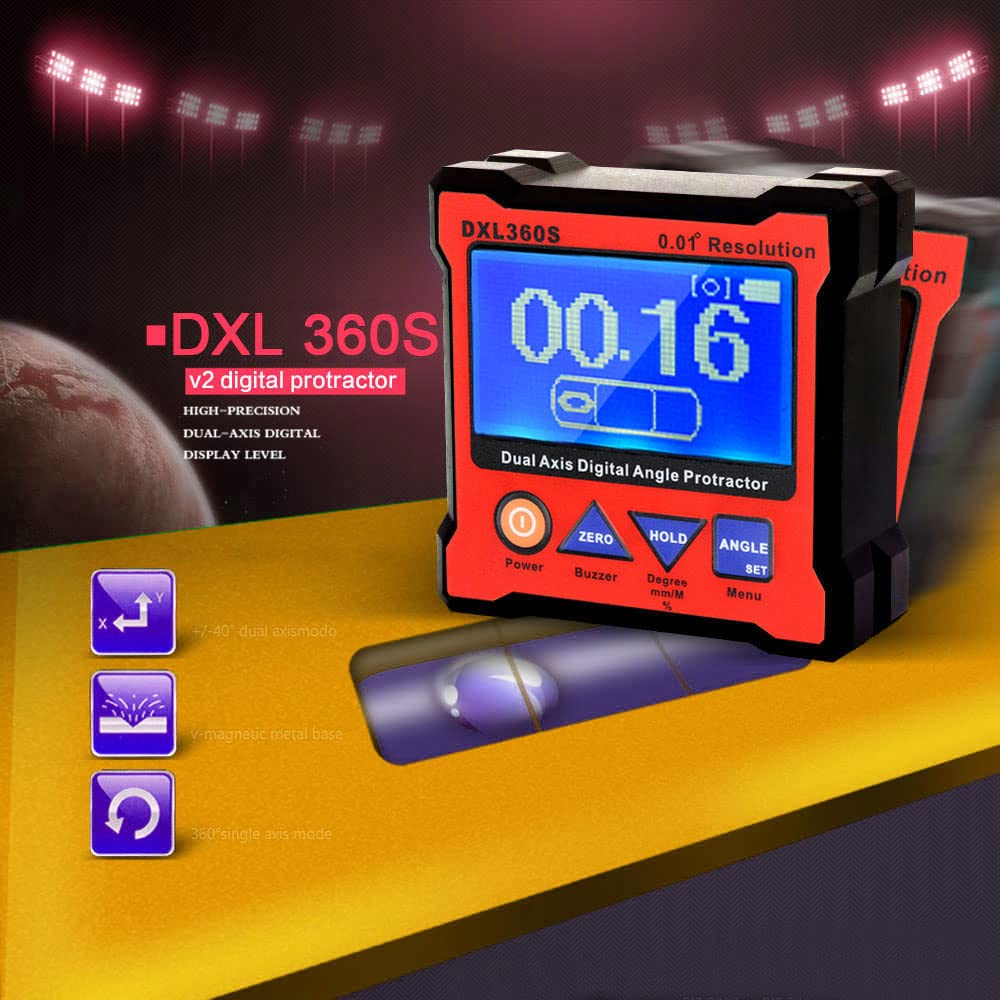 DXL360S - Transportador de ángulo digital de doble eje con base magnética de 5 lados Medidor de nivel de pantalla digital de doble eje de alta precisión 100-240V 50-60Hz