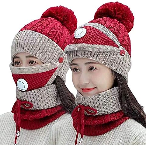 3pcs/Set Fashion Women Winter Knitted Hat Thickened Woolen Cap with Warm Mask and Neck Scarf (Wine red2) Cover