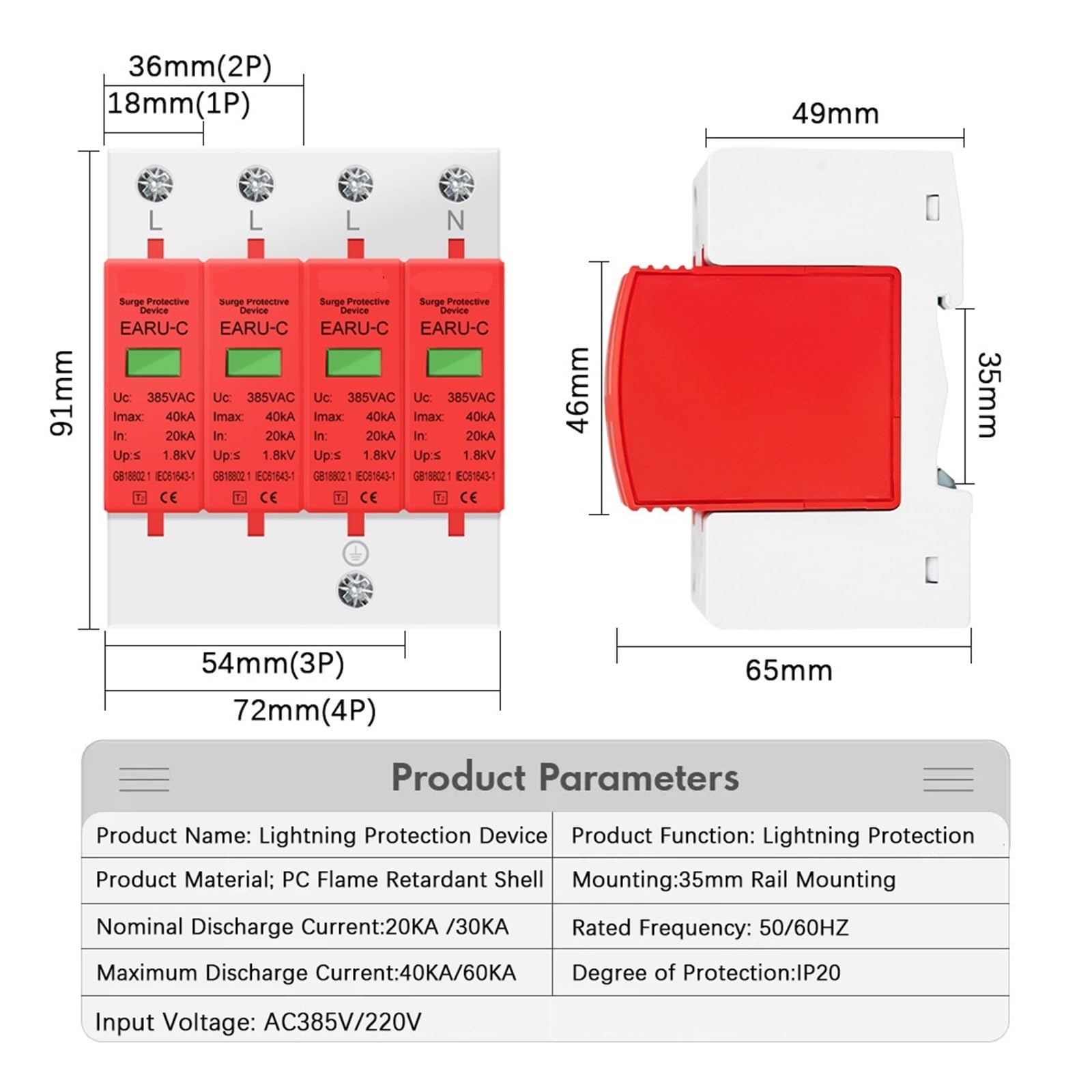 Protector contra sobretensiones y pararrayos Dispositivo de protección contra sobretensiones solares fotovoltaicas for el hogar, protector contra rayos, CA 385 V, 1P, 2P, 3P, 4P, 20 KA, 30 KA, 40 KA,