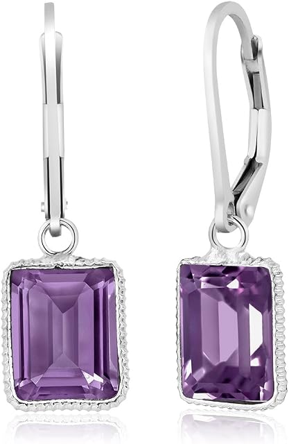Gem Stone King 925 Sterling Silver Amethyst Dangle Earrings For Women Gemstone Birthstone 10X8MM Emerald Cut 5.00 Ctw
