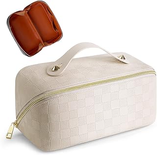 Large Capacity Travel Cosmetic Bag Flat Lay Makeup Organizer Bag Waterproof PU Leather Makeup Bag Portable Checkered Makeup Bag Open Flat Toiletry Bag with Handle Divider for Women (white)