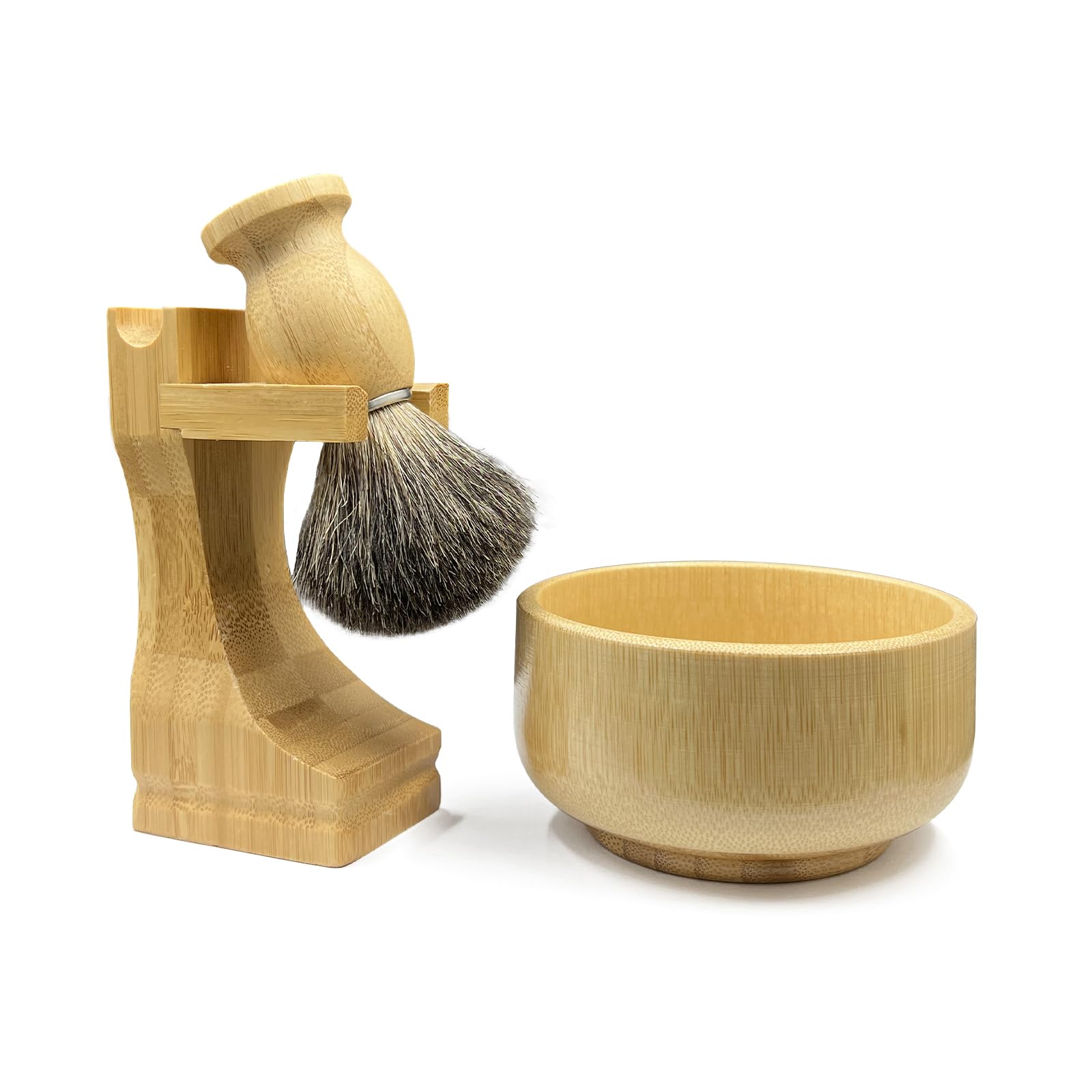 Kikc Set di pennelli da barba, pennello da barba in tasso puro e ciotola in bambù con supporto da barba 2 in 1, kit completo da barba da uomo, manico in bambù ecologico, ciotola per schiuma e supporto