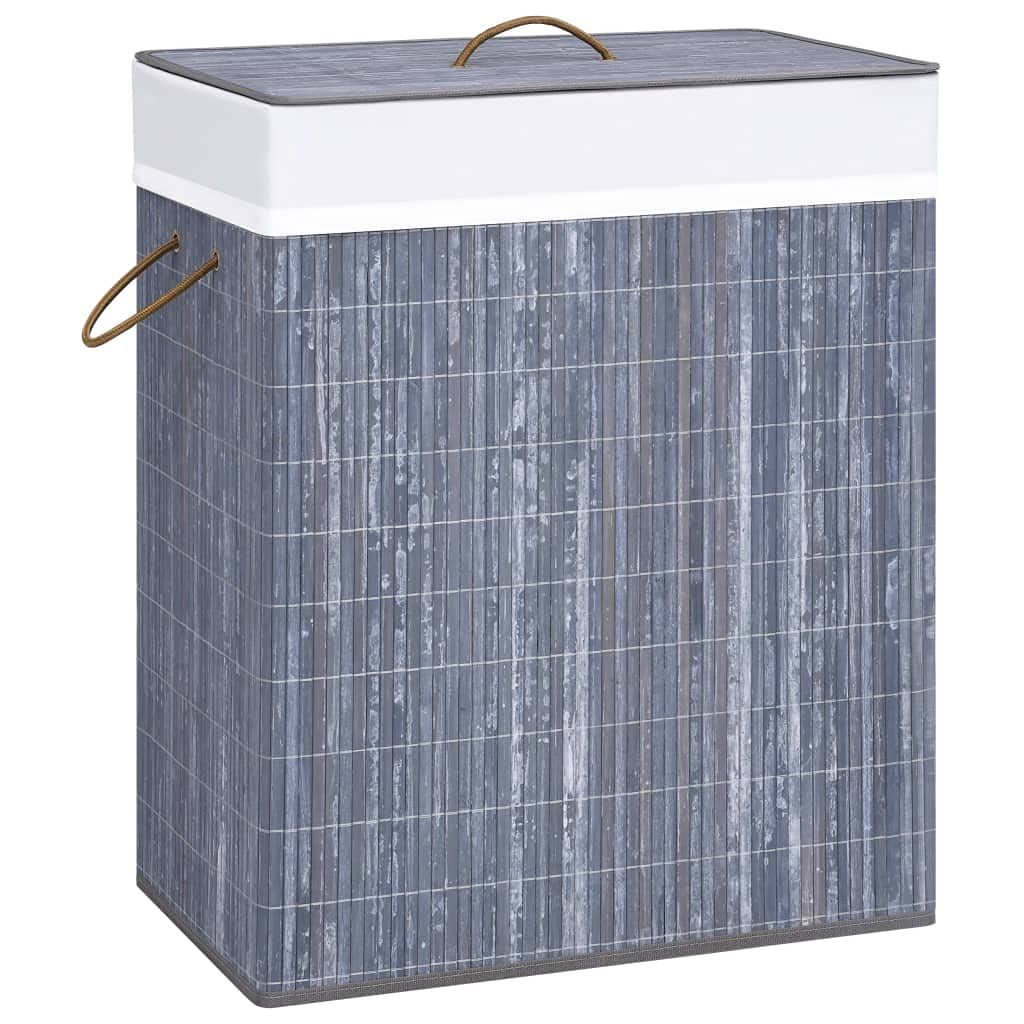 Cesto portabiancheria in bambù con 2 scomparti, 100 l, grigio, pieghevole, con manici, per bagno, camera da letto, cameretta dei bambini, contenitore salvaspazio per la biancheria sporca e la