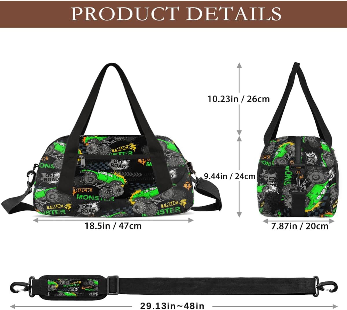 Gym Travel Duffle Bag for Boys - Green Monster Car Trucks Kids Overnighter Weekend Bag with Front Zipper Pocket for School Practice, Teens Carry-On Size Sleepover Bags - Image 2