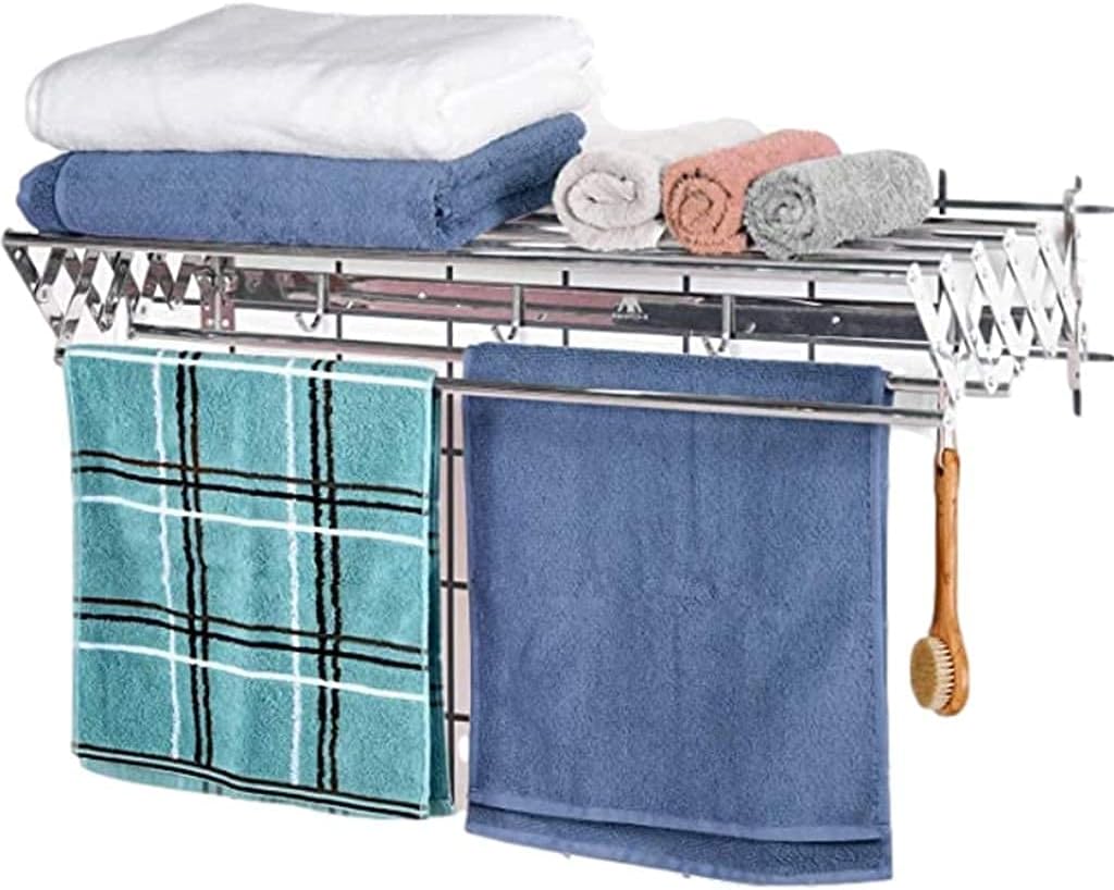This Airer Wall Mounted Laundry Drying Rack Racks Stainless Steel Space-Saving Foldable Home Folding Great for Bathroom Or Room Towel and Hooks,40cm