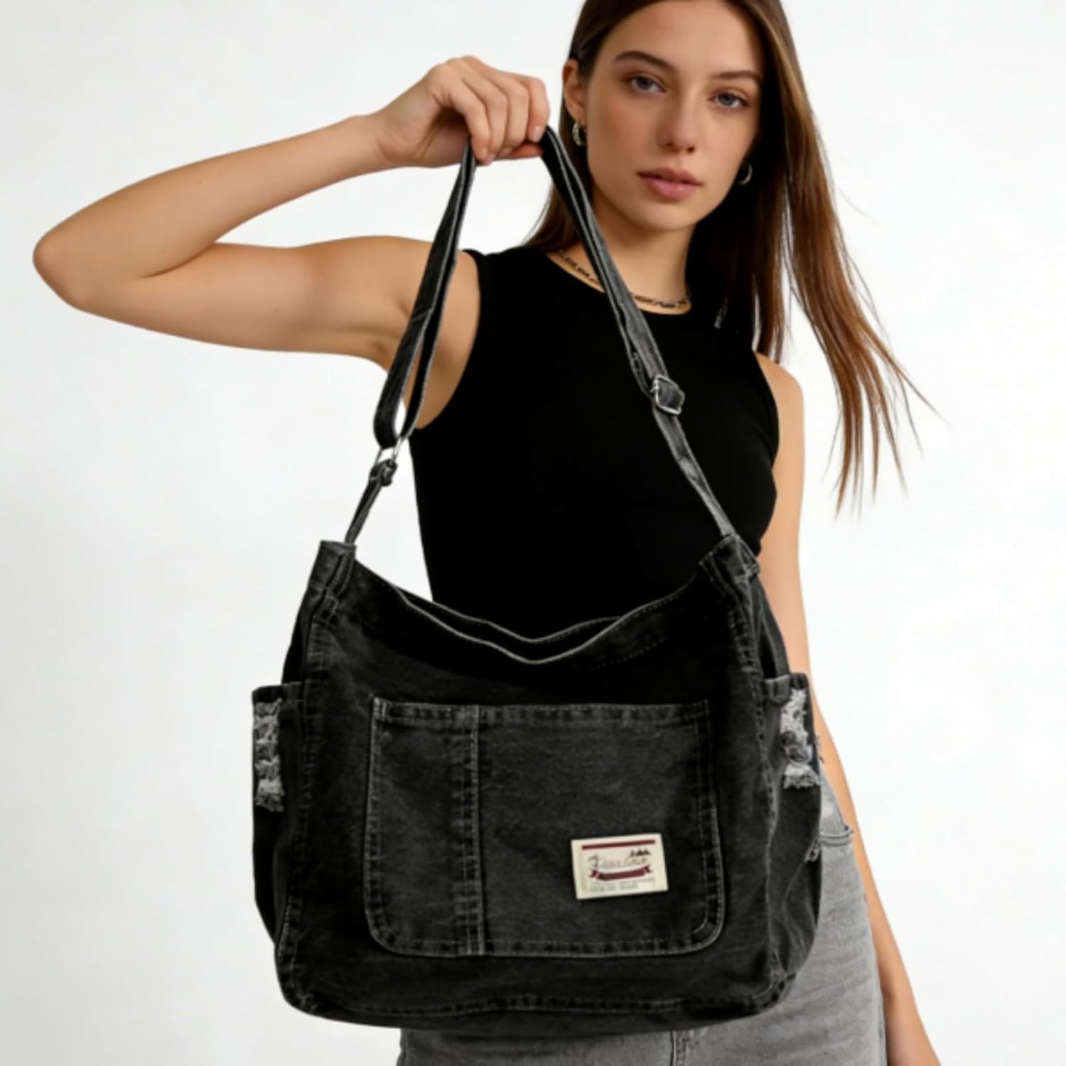 Denim Messenger Bag Large Crossbody Tote Bag Lightweight Jean Purse Women Hobo Shoulder Bag for School,Travel - Image 3