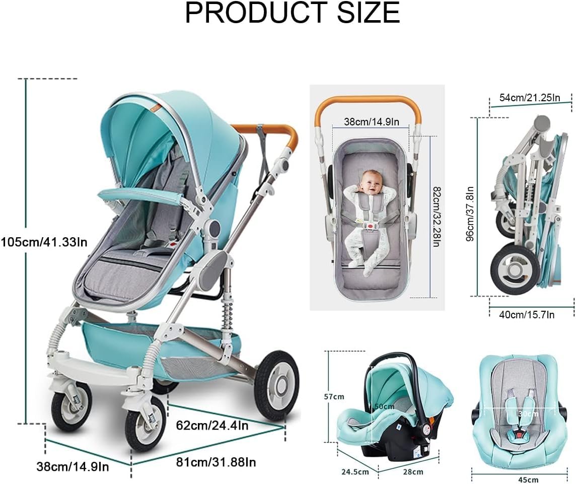 Passeggini per Neonati 3 in 1 Culla per Bambini Passeggino per Dormire con Sedile Reversibile Ti-Shock Springs Carrozzina con Copia Personalizzata, Piatto Piano, Sacco A Pelo, Blue