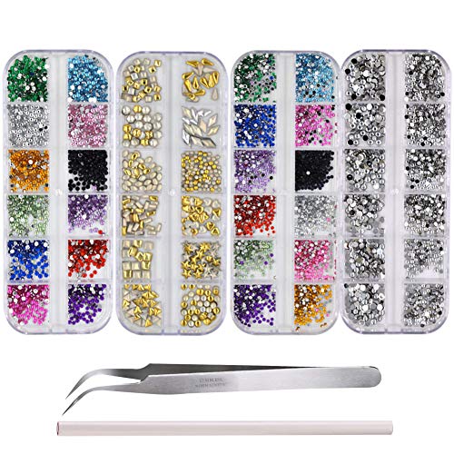 Professional Nail Art Decoration Kits with 3 boxes Nail Art Rhinestones & 1 box Rivet Rhinestones, with 1 piece Pick up Tweezers and Pen, Multicolor Nail Rhinestones for Nail Art Decorations Supplies