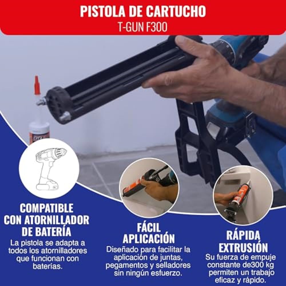 TIVOLY - Pistola de Cartuchos T-Gun F300 - Adaptable a Perforadoras y Atornilladores - Para cartuchos Ø 50 mm/310 ml