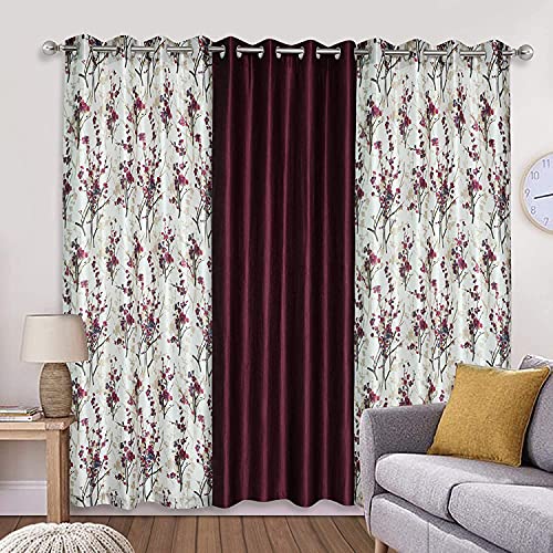 Image of 7 Feet Polyester Floral Light Filtering Door Curtains for Living Room, Bedroom & Hall, Eyelet Top, Wine Printed and Solid Plain Curtain Set of 3