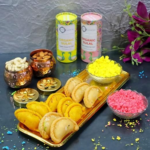 Jaipur Ace Holi Celebration Set - Herbal Gulal, Delicious Gujia Sweets, and a Copper Dryfruit Jar filled with Cashew and Almonds!