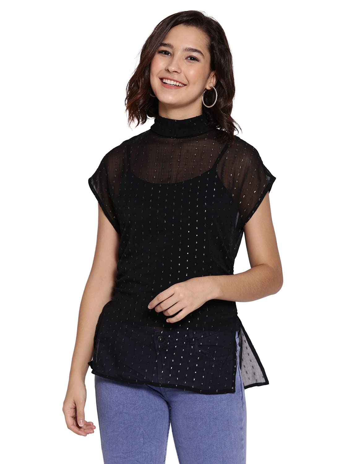 oxolloxo Black Shimmer Keyhole Women's Party Top-picture-12