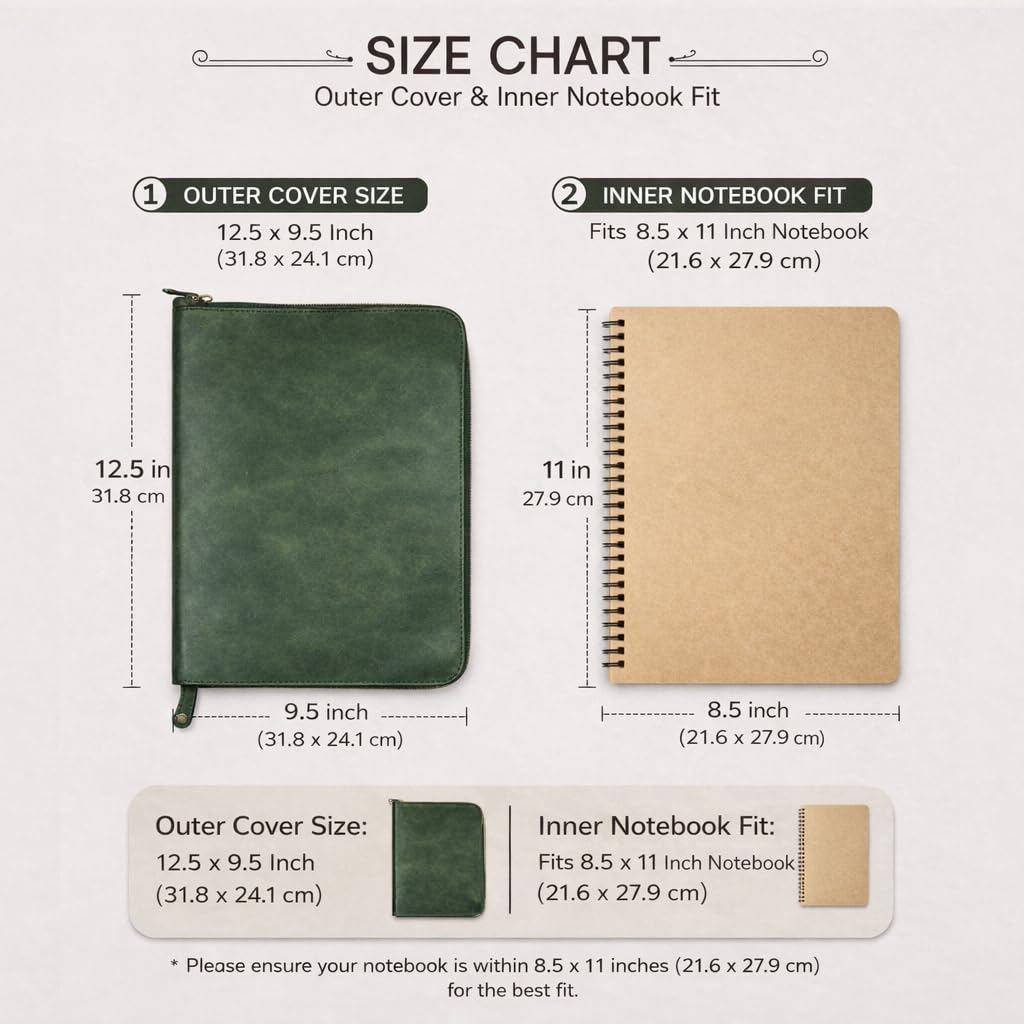 Copertina per diario in pelle pieno fiore resistente (21,6 x 27,9 cm), ricaricabile Cahier XXL, quaderno a spirale ricaricabile (21,6 x 27,9 cm), copertina in pelle fatta a mano con