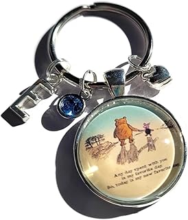 Personalised FAVORITE DAY 25mm glass cabochon keyring add initial & birthstone gift, Pooh bear quote book lover novelty Birthday Xmas present