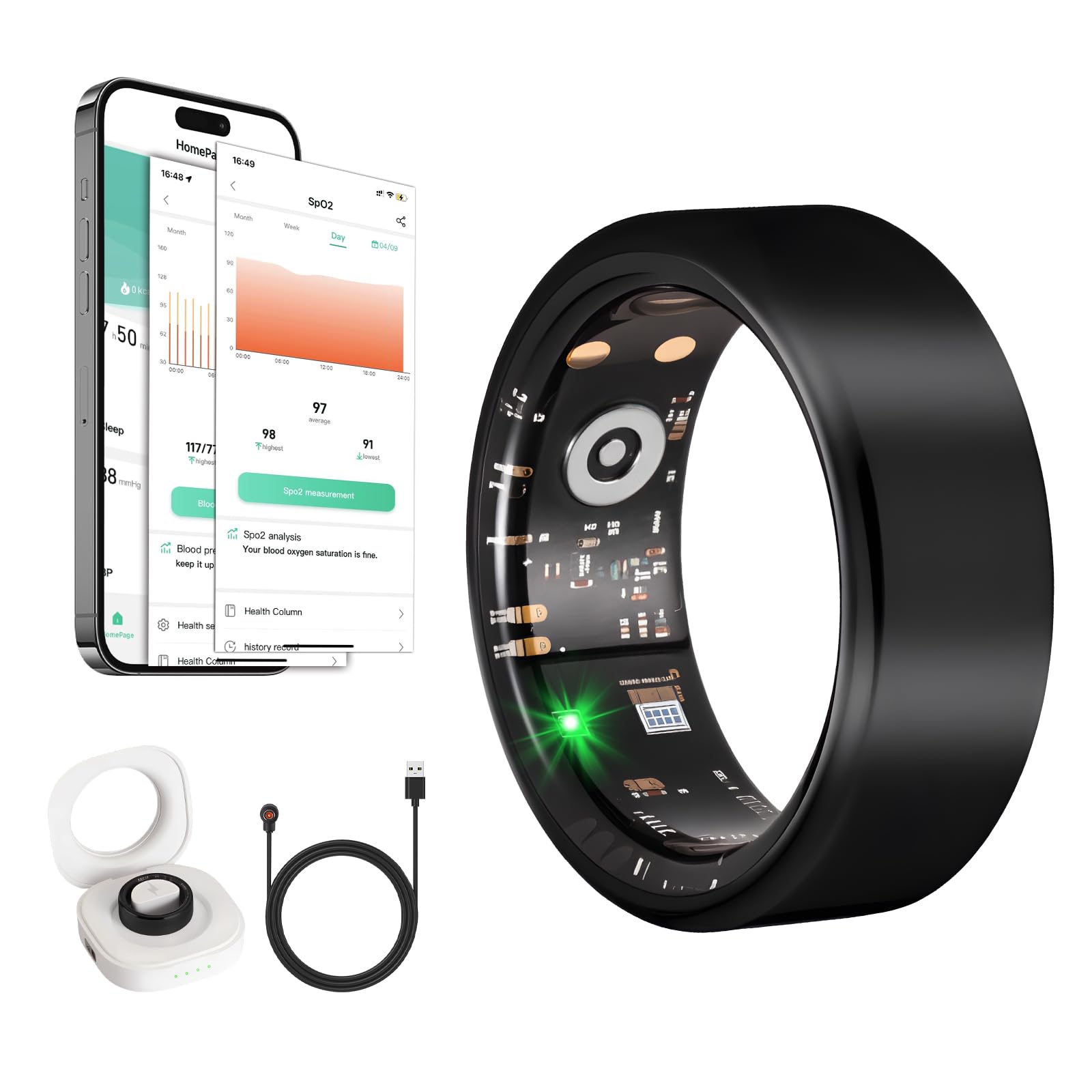 Smart Ring Health Tracker for Women Men with Fitness Tracker/Sleep Monitoring/Heart Rate/Blood Oxygen/Blood Pressure/Air Gestures /IP68 Waterproof, No Subscription Required, Charging Case (Black, 10#)